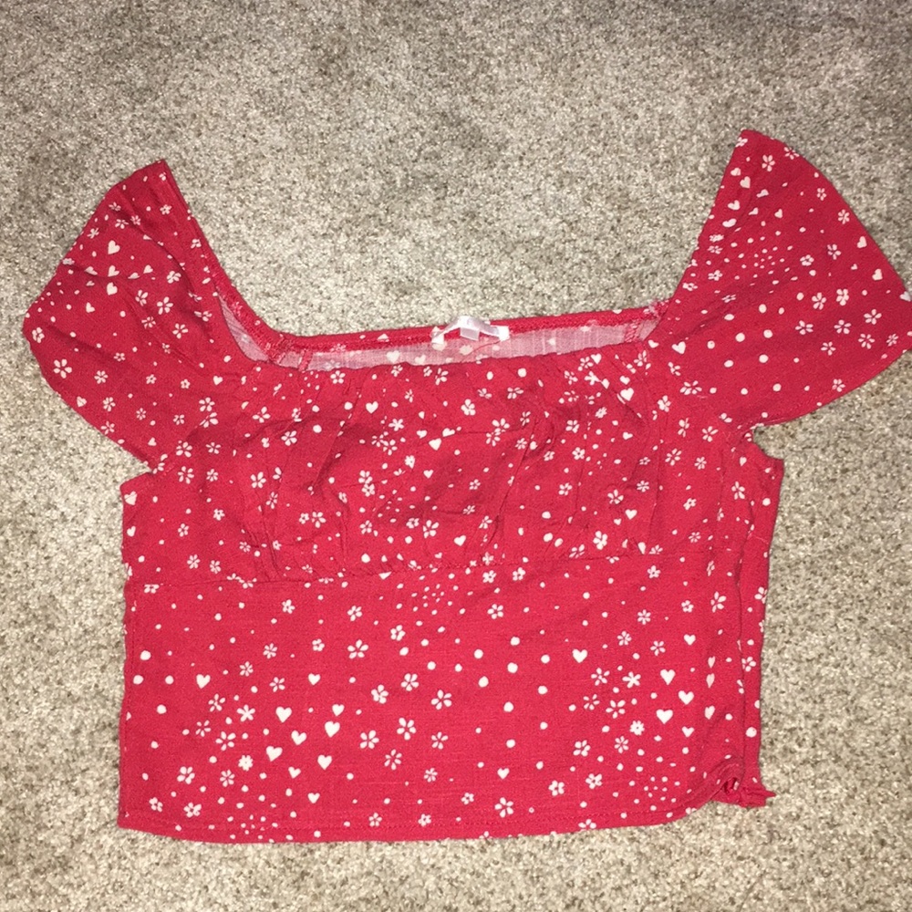 Red off the shoulder top woth white decor - pacsun